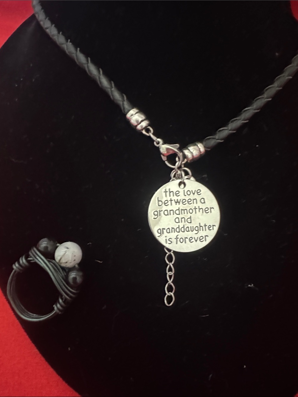 Silver Sentiment Pendant Necklace on Black Braided Cord 7”  and Tiny wire Ring